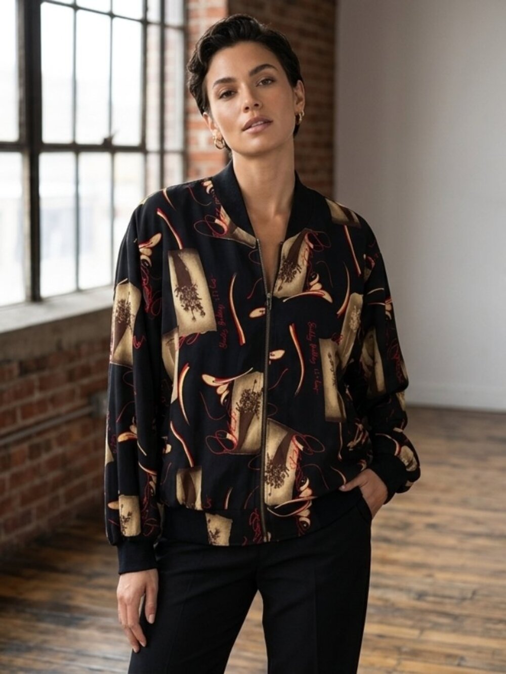 CASCAIS 80s Full Zip Bomber Jacket "Bodley Gallery" Art Prints Black/Red M/L
